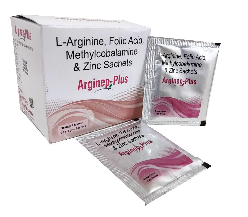 Arginep-Plus Sachets — L-Arginine 3 g + Folic Acid 1.5 mg + Methylcobalamin 1500 mcg + Zinc 4 mg per sachet from Trumac Healthcare PCD Pharma Franchise India