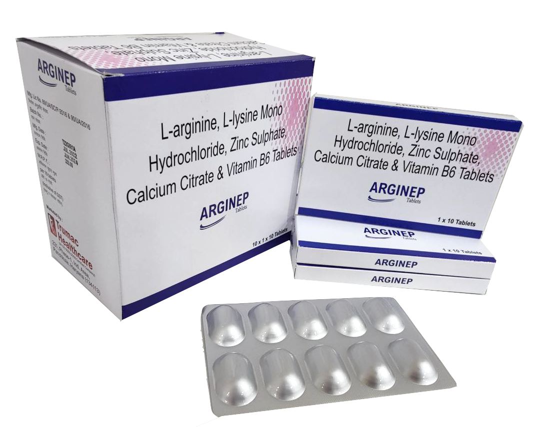 Arginep Tablet — L-Arginine 1000 mg + L-Lysine Mono HCl 200 mg + Zinc Sulphate 61.8 mg + Calcium Citrate 100 mg + Vitamin B6 1.5 mg from Trumac Healthcare PCD Pharma Franchise India