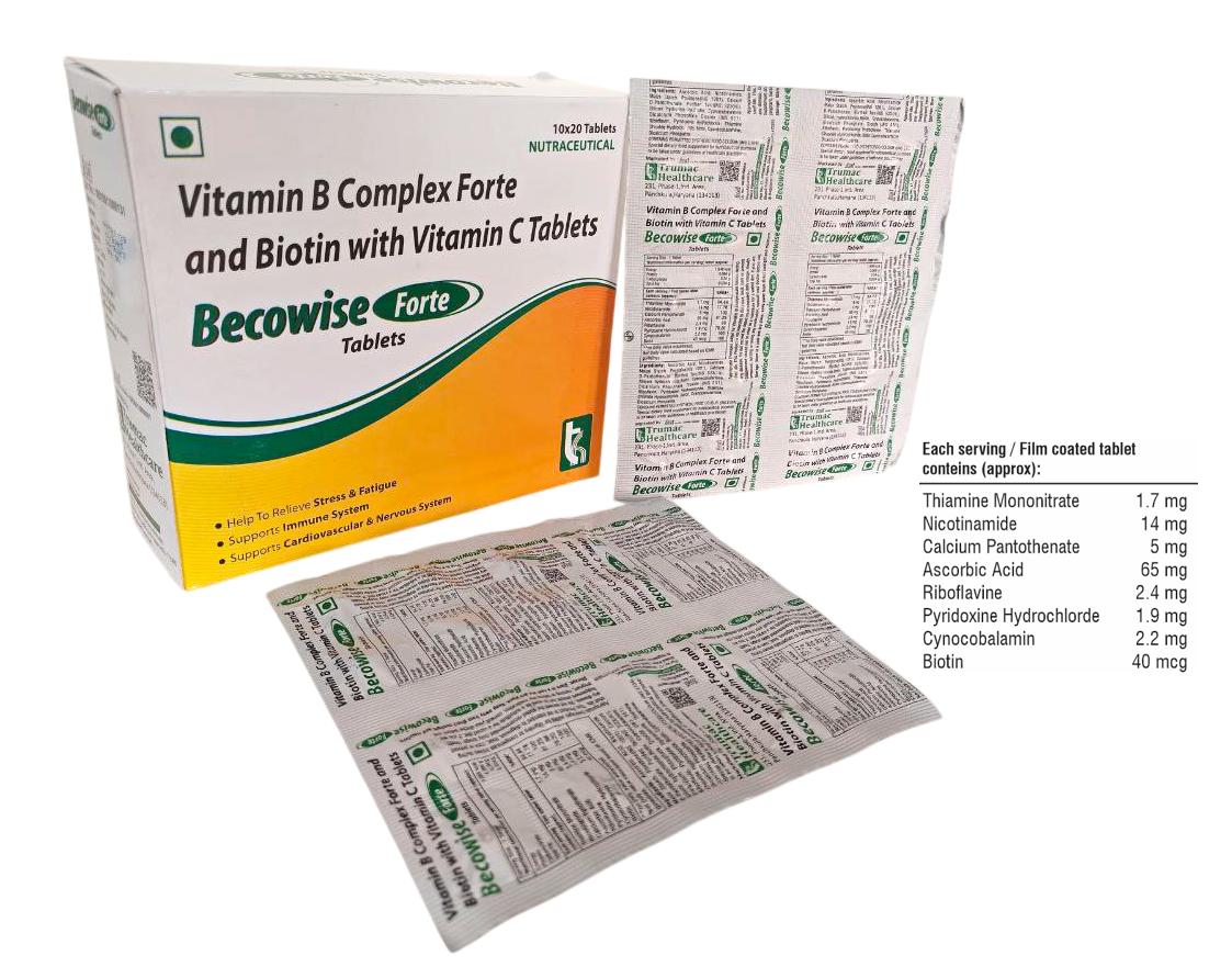 Becowise-Forte Tablet — Thiamine 1.7 mg + Nicotinamide 14 mg + Calcium Pantothenate + Pyridoxine + Cyanocobalamin (high-strength B-complex) from Trumac Healthcare PCD Pharma Franchise India