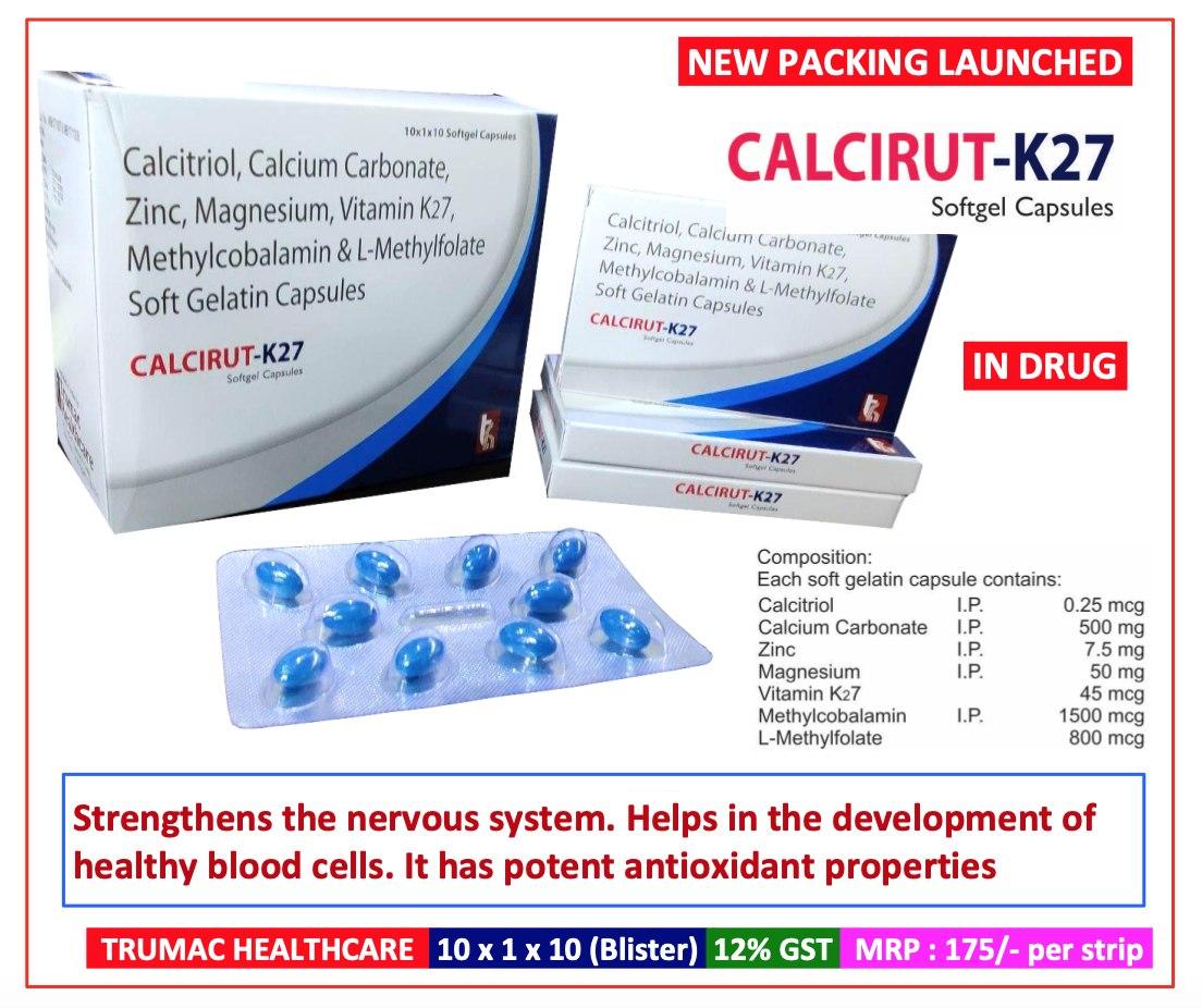 Calcium Carbonate IP 500 mg + Calcitriol IP .25 mcg + Zinc 7.5 mg + Magnesium 50 mg + Vitamin K27 IP 45 mcg + Methylcobalamin JP 1500 mcg + L-Methyl folate 800 mcg (IN DRUG) Softgel — manufactured by Trumac Healthcare