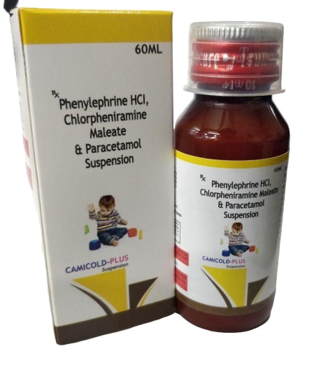 Camicold Plus Suspension — Paracetamol 250 mg + Phenylephrine 5 mg + CPM 1 mg per 5 ml from Trumac Healthcare PCD Pharma Franchise India