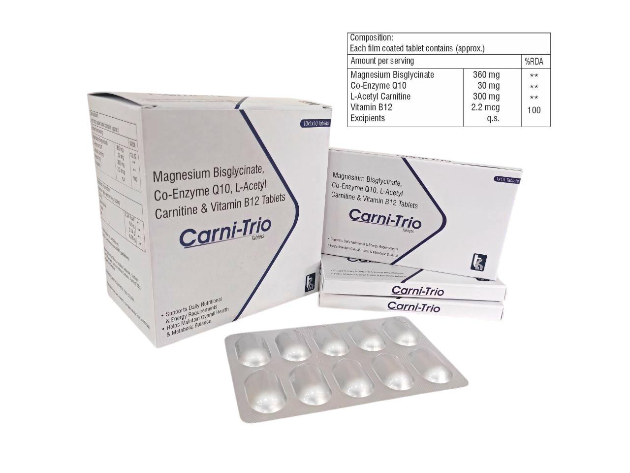 Magnesium Bisglycinate 360 mg + Co-Enzyme Q10 30 mg + L-Acetyl Carnitine 300 mg + Vitamin B12 2.2 mcg Tablet — manufactured by Trumac Healthcare