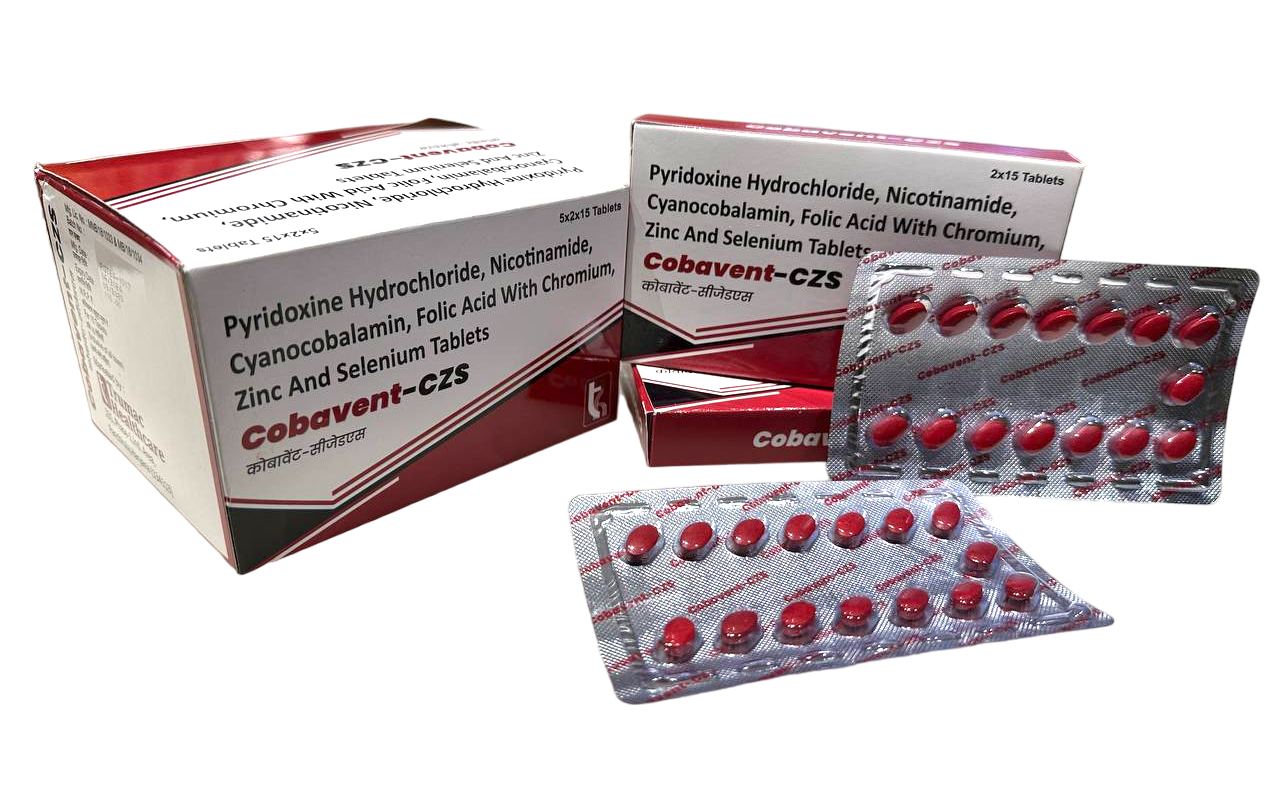 Pyridoxine HCL (3 mg) + Nicotinamide (100 mg) + Cyanocobalamin (15 mcg) + Folic Acid (1500 mcg) + Chromium Picolinate (250 mcg) + Selenious acid (100 mcg) + Zinc Sulph (61.8 mg) (Same as Cobadex-CZS (Glaxo)) Tablet — manufactured by Trumac Healthcare