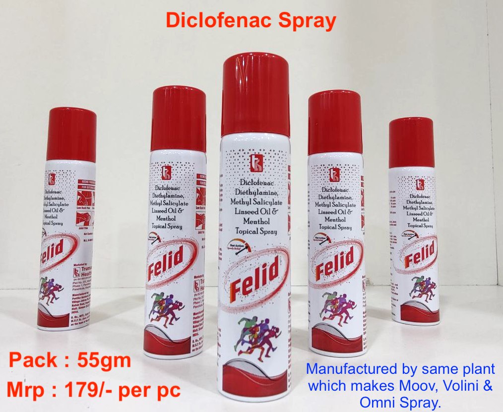 Felid Spray — Diclofenac Diethylamine 1.16% + Linseed Oil 3% + Menthol from Trumac Healthcare PCD Pharma Franchise India