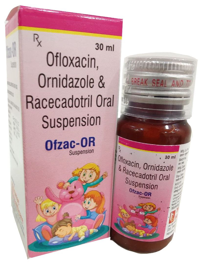 Ofzac-OR Suspension — Ofloxacin 50 mg + Ornidazole 125 mg + Racecadotril per 5 ml from Trumac Healthcare PCD Pharma Franchise India