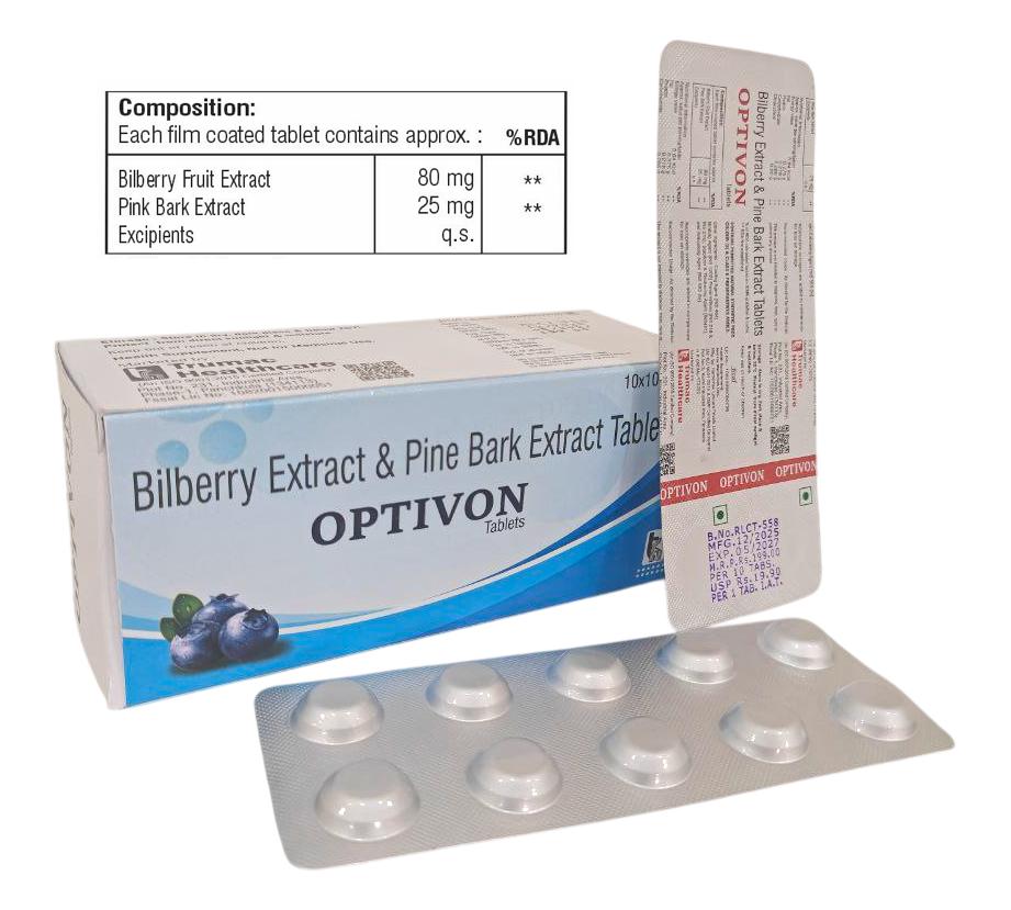 Optivon Tablet — Bilberry Extract 80 mg + Pine Bark Extract + Lutein + Antioxidants from Trumac Healthcare PCD Pharma Franchise India