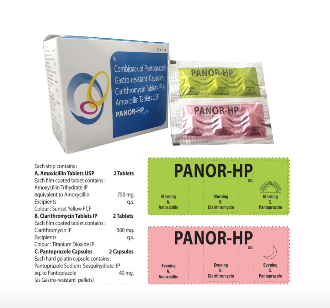 Panor-HP Kit — Clarithromycin 500 mg (2 Tabs/day) + Pantoprazole 40 mg + Amoxicillin 1000 mg from Trumac Healthcare PCD Pharma Franchise India