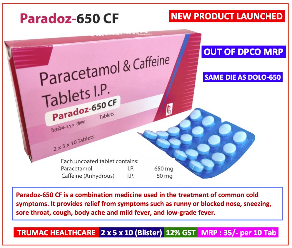 Paradoz-650 CF Tablet — Paracetamol 650 mg + Caffeine 50 mg from Trumac Healthcare PCD Pharma Franchise India