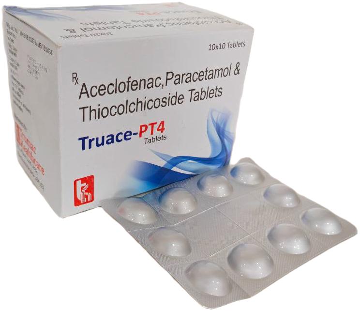 Truace-PT 4 Tablet — Aceclofenac 100 mg + Paracetamol 325 mg + Thiocolchicoside 4 mg from Trumac Healthcare PCD Pharma Franchise India