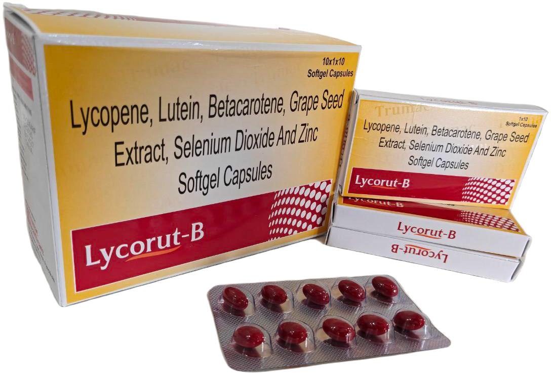 Lycopene 10% - 5000 mcg + Lutein 8%- 2000 mcg + Zinc Sulphate Monohydrate 27.45 mg + Selenium 70 mcg + Grape Seed Extract 10 mg + Betacarotene 10% (IN FOOD) Softgel — manufactured by Trumac Healthcare
