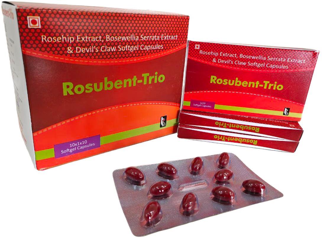 Rosubent-Trio Softgel — Rose Hip Extract 250 mg + Boswellia Serrata Extract 307 mg + Devils Claw 100 mg from Trumac Healthcare PCD Pharma Franchise India