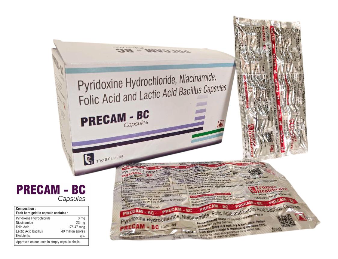 Precam-BC Capsule — Lactobacillus + Pyridoxine 3 mg + Niacin + B-Complex + Zinc from Trumac Healthcare PCD Pharma Franchise India