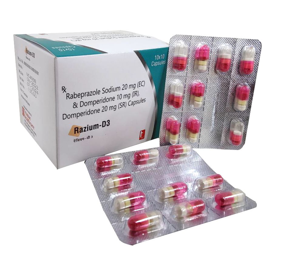 Razium-D3 (Tab-in-Cap) — Each Capsule contains 3 tablets: Rabeprazole + Domperidone + Itopride from Trumac Healthcare PCD Pharma Franchise India