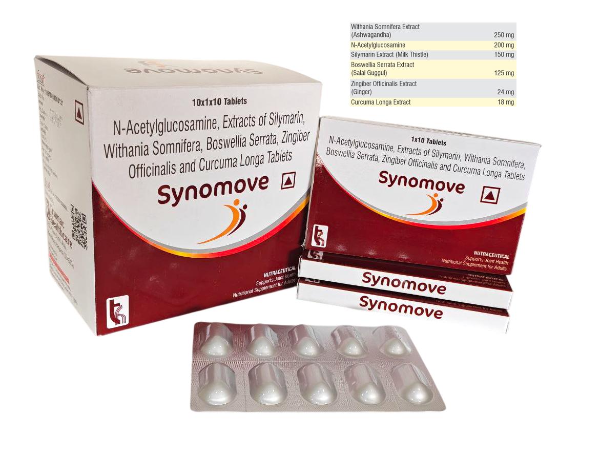 Withania Somnifera Ext 250 mg + N-Acetylglucosamine 200 mg + Silymarin 150 mg + Boswellia Serrata Ext 125 mg + Zingiber Officinalis Ext. 24 mg + Curcuma Longa Ext 18 mg (SAME AS SYNERTAB (PHARMED)) Tablet — manufactured by Trumac Healthcare