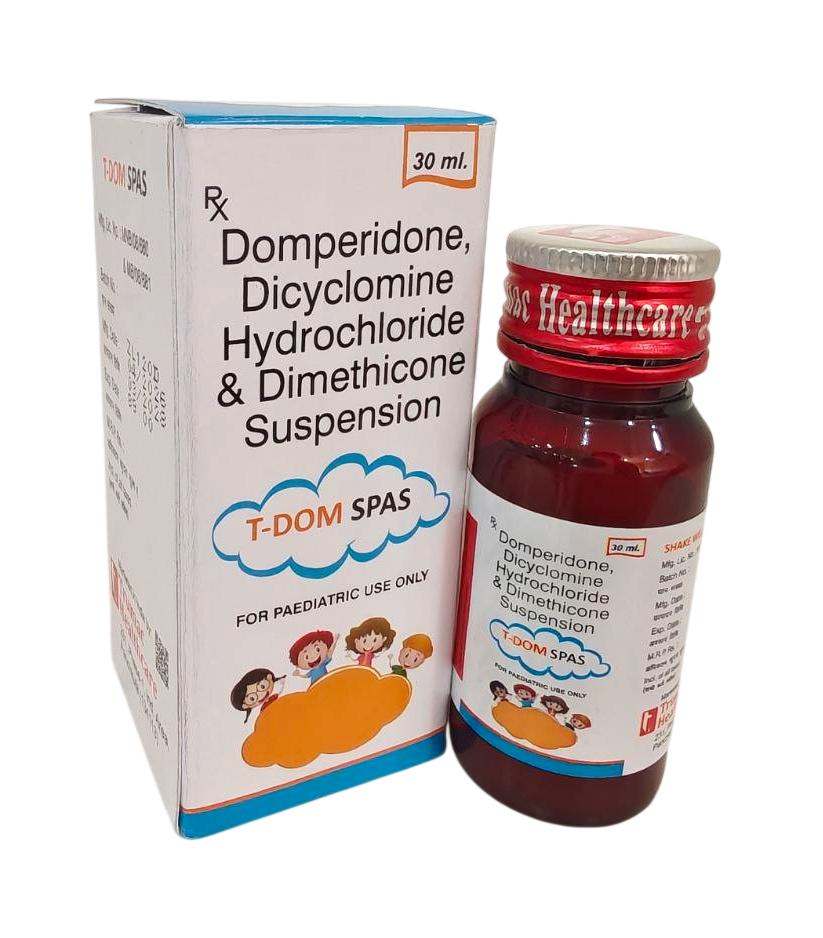 T-Dom Spas Suspension — Activated Dimethicone 50 mg + Domperidone per 5 ml from Trumac Healthcare PCD Pharma Franchise India