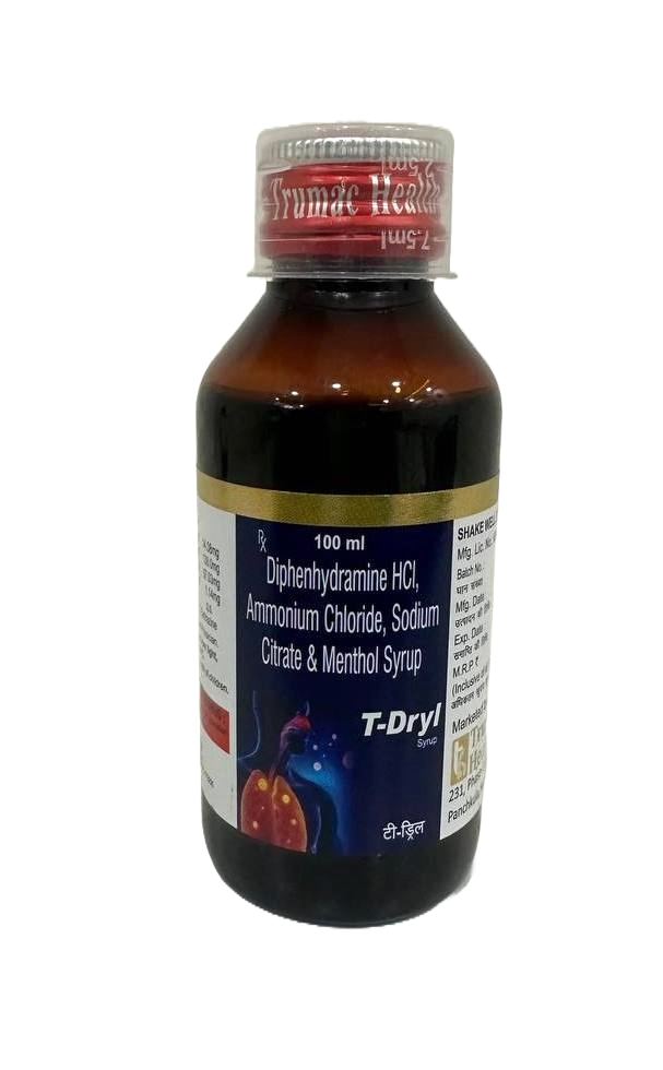 T-Dryl 100 ml Syrup — Diphenhydramine HCl IP 14.08 mg + Ammonium Chloride + Menthol from Trumac Healthcare PCD Pharma Franchise India