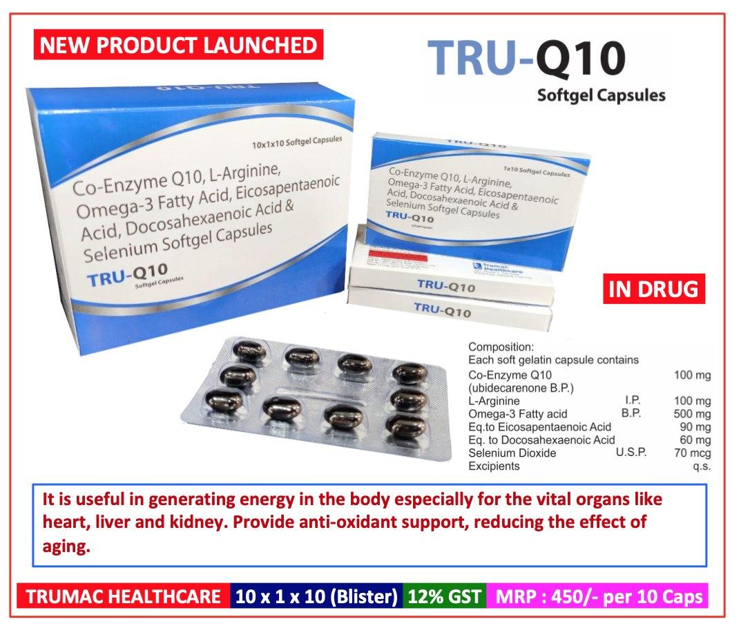 TRU-Q10 Softgel — Co-Enzyme Q10 100 mg + Eicosapentaenoic Acid (EPA) 90 mg + Docosahexaenoic Acid (DHA) 60 mg + Lycopene 10% 4000 mcg + Selenium 70 mcg from Trumac Healthcare PCD Pharma Franchise India