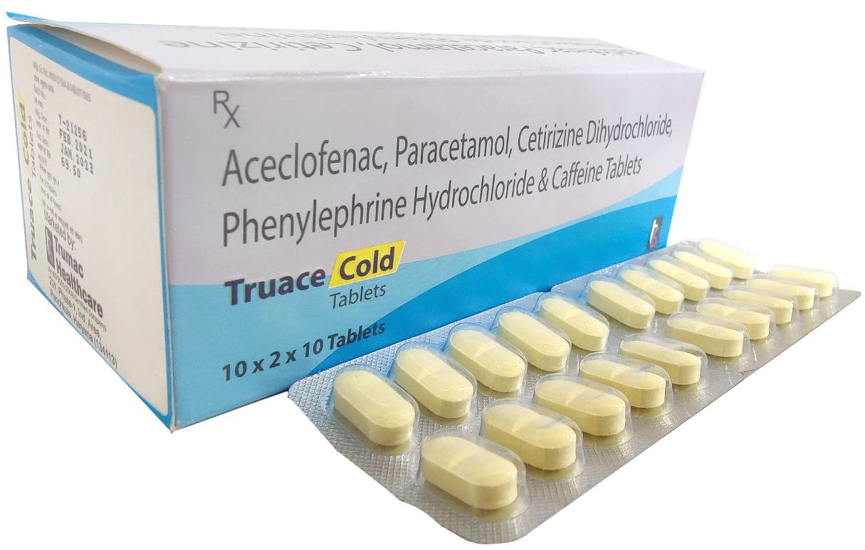 Aceclofenac (100 mg) + Paracetamol (325 mg) + Cetirizine (10 mg) + Phenylephrine (5 mg) + Caffeine (25 mg) Tablet — manufactured by Trumac Healthcare