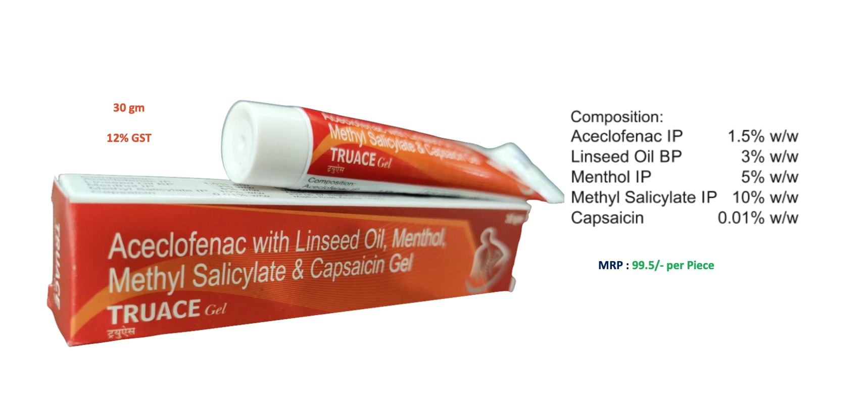 Truace Gel — Aceclofenac 1.5% w/w + Methyl Salicylate 10% w/w + Capsaicin 0.01% w/w + Linseed Oil 3% w/w + Menthol 5% w/w from Trumac Healthcare PCD Pharma Franchise India