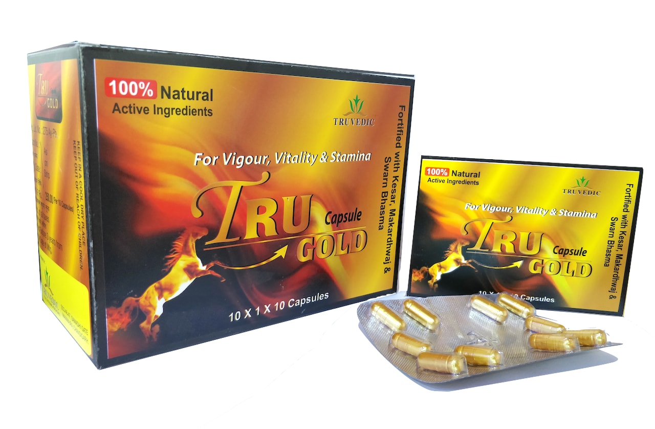 For Increasing Sperm Count and Stamina Each 500 mg capsule contains: Ashwagandha 300 mg + Kuchla 20 mg + Khareti 50 mg + Kounch 30 mg + Chota 30 mg + Kesar 3 mg + Shalmall 10 mg + Jaiphal 15 mg + Shilajeet 3 Capsule — manufactured by Trumac Healthcare