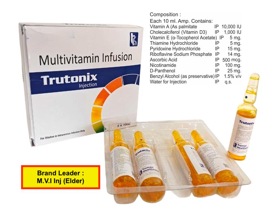 Trutonix Injection — Vitamin A 10000 IU + Vitamin D3 1000 IU + Vitamin E 5 mg + Thiamine HCl 5 mg + Pyridoxine HCl 15 mg + Riboflavin 14 mg + Ascorbic Acid 500 mcg + Nicotinamide 100 mg + D-Panthenol 25 mg from Trumac Healthcare PCD Pharma Franchise India