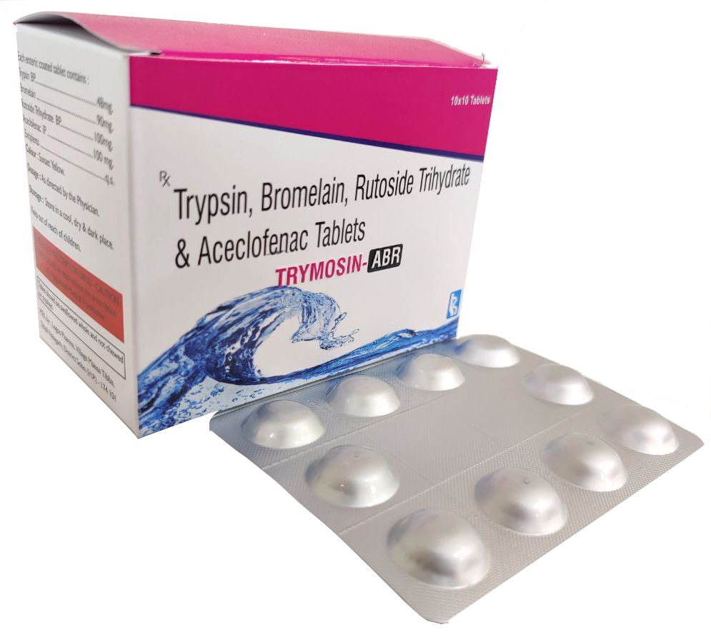 Trymosin-ABR Tablet — Aceclofenac 100 mg + Bromelain 90 mg + Trypsin 48 mg + Rutoside 100 mg from Trumac Healthcare PCD Pharma Franchise India