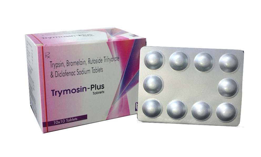 Trymosin-Plus Tablet — Trypsin 48 mg + Bromelain 90 mg + Rutoside Trihydrate 100 mg + Diclofenac Sodium 50 mg from Trumac Healthcare PCD Pharma Franchise India