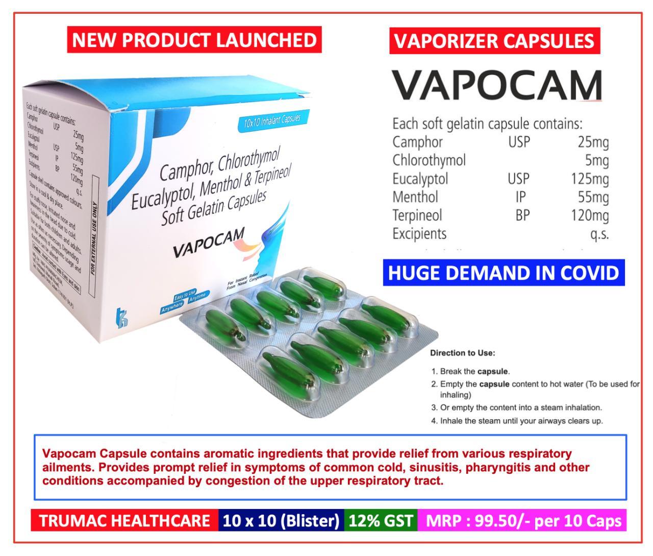 Vapocam Vaporizer Capsule — Camphor 25 mg + Chlorothymol 5 mg + Eucalyptol 125 mg + Menthol 55 mg + Terpineol 120 mg from Trumac Healthcare PCD Pharma Franchise India