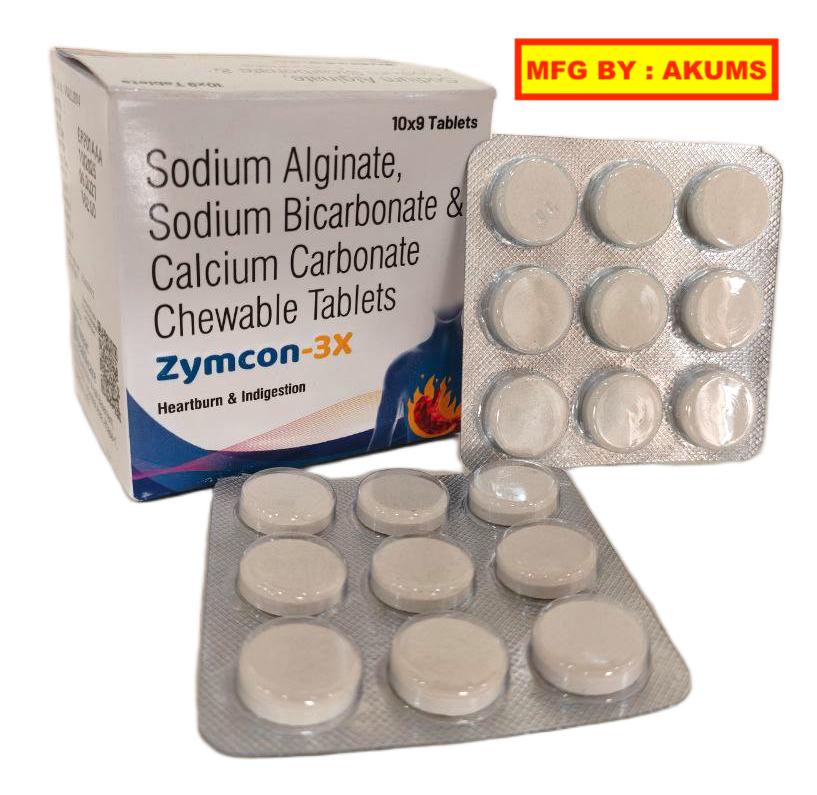 Zymcon-3X Chewable Tablet (Akums) — Sodium Alginate + Sodium Bicarbonate + Calcium Carbonate from Trumac Healthcare PCD Pharma Franchise India