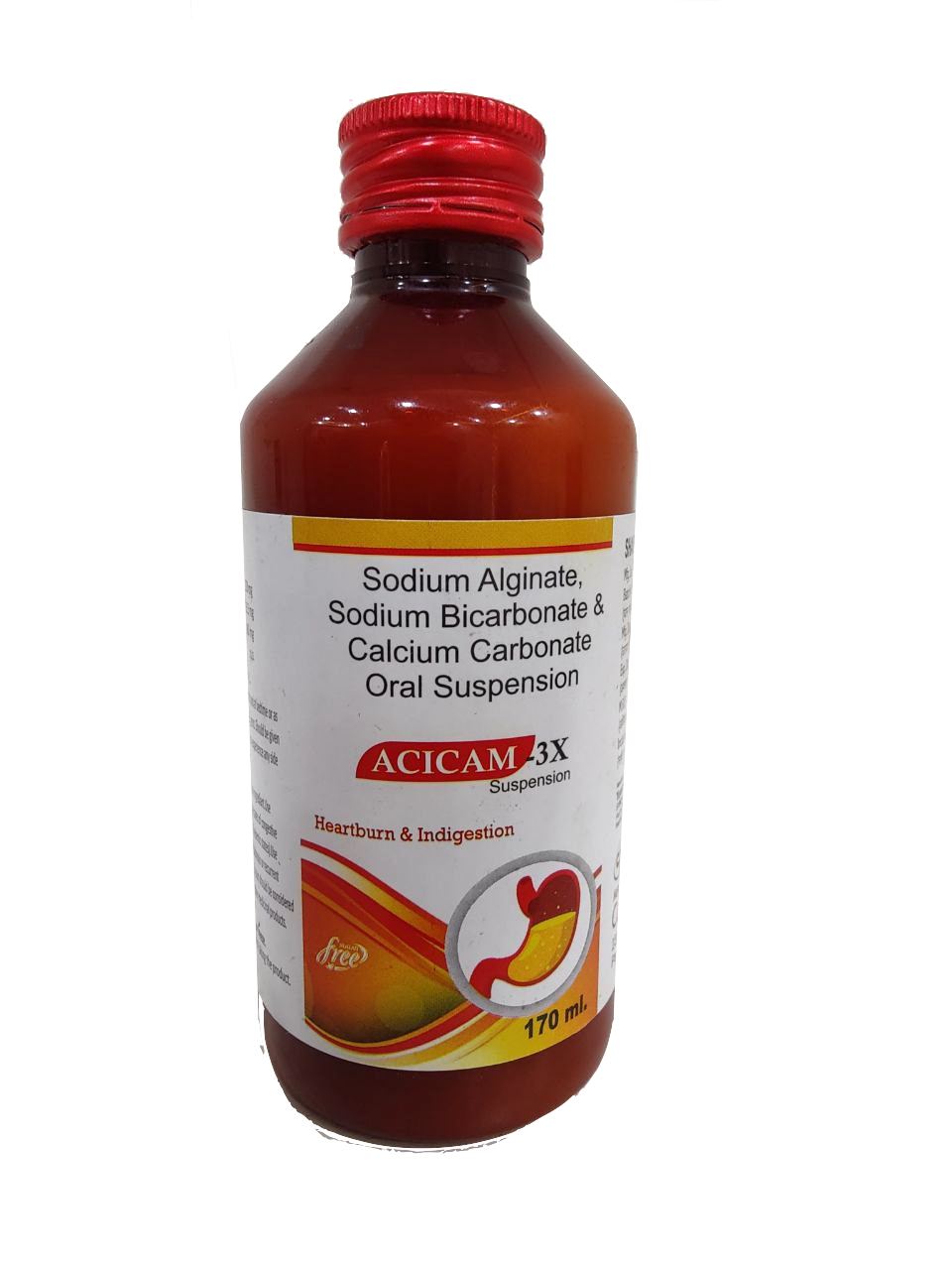 Acicam-3X (aka Gaviscon) 150 ml — Sodium Alginate 250 mg + Sodium Bicarbonate 133.5 mg + Calcium Carbonate 80 mg per 5 ml from Trumac Healthcare PCD Pharma Franchise India