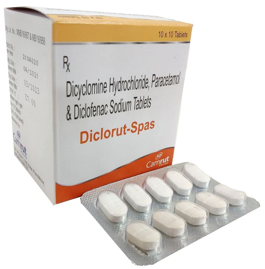 Diclorut-Spas Tablet — Diclofenac 50 mg + Paracetamol 325 mg + Dicyclomine 20 mg from Trumac Healthcare PCD Pharma Franchise India