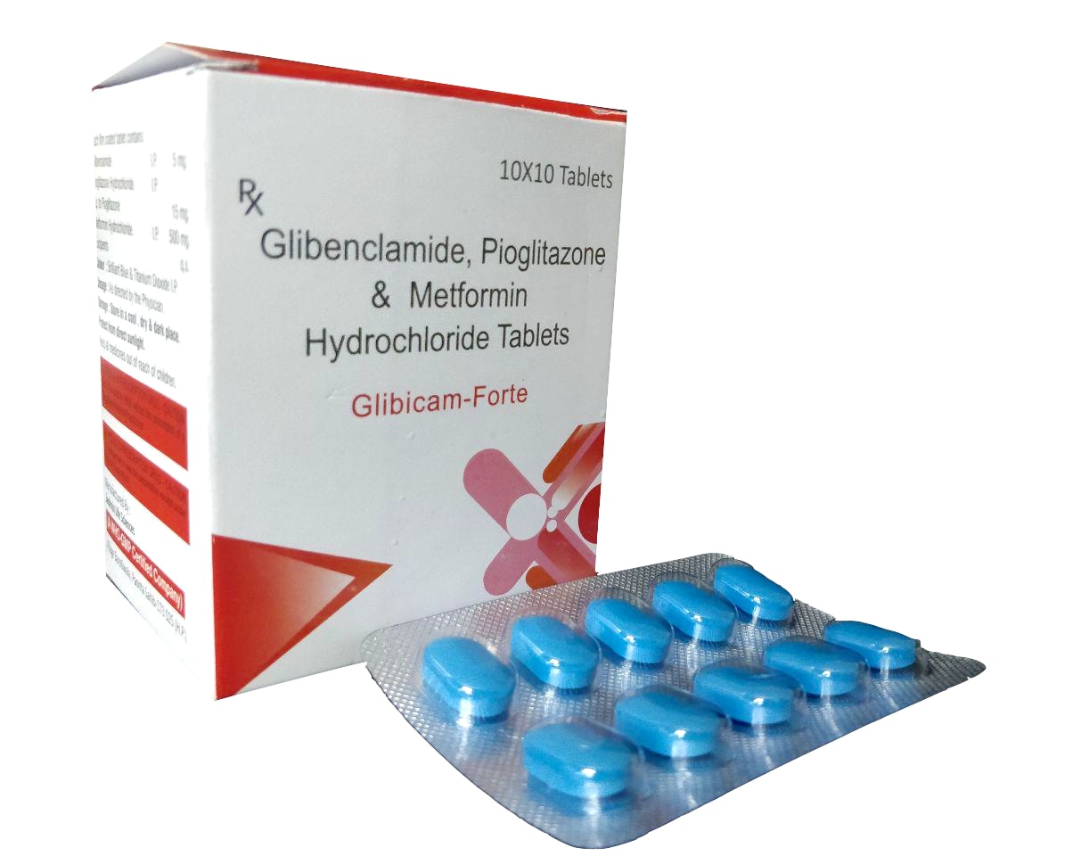 Glibicam-Forte Tablet — Glibenclamide 5 mg + Metformin 500 mg + Pioglitazone 15 mg from Trumac Healthcare PCD Pharma Franchise India