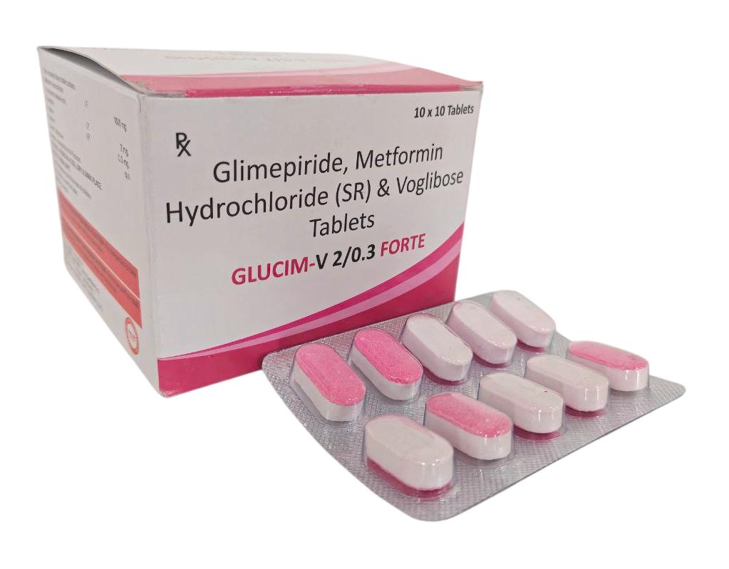 Glucim-V 2/0.3 Forte SR Tablet — Glimepiride 2 mg + Metformin 1000 mg + Voglibose 0.3 mg (Bilayered Tablet) from Trumac Healthcare PCD Pharma Franchise India