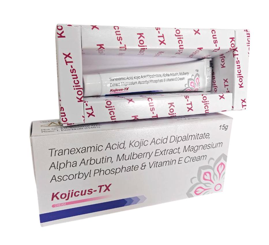 Kojicus-TX Cream — Tranexamic Acid 10.0% w/w + Kojic Acid Dipalmitate 2.0% w/w + Alpha Arbutin 1.5% w/w + Mulberry Extract 1.0% w/w + Magnesium Ascorbyl Phosphate 1.0% w/w + Vitamin E 1.0% w/w from Trumac Healthcare PCD Pharma Franchise India