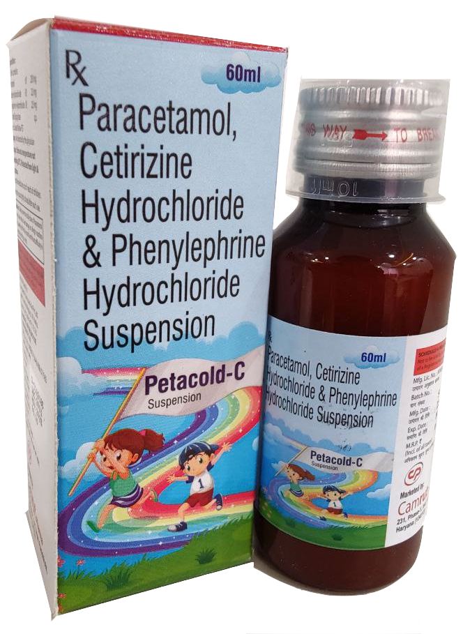 Petacold-C Suspension — Paracetamol 250 mg + Phenylephrine 2.5 mg + Cetirizine 2.5 mg per 5 ml from Trumac Healthcare PCD Pharma Franchise India