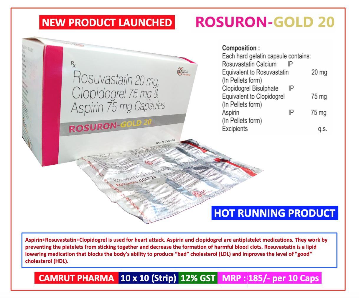 Rosuron-Gold 20 Capsule — Rosuvastatin 20 mg + Aspirin 75 mg + Clopidogrel 75 mg (Pellets Form Capsules) from Trumac Healthcare PCD Pharma Franchise India